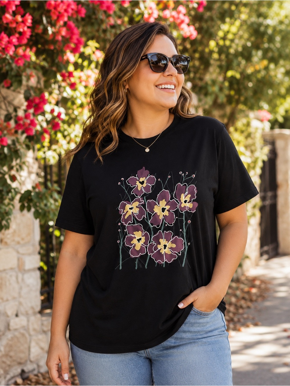 Express Black Floral Graphic Tee Size XL